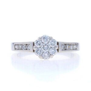 White Gold Diamond Cluster Engagement Ring - 14k Round Brilliant .65ctw Floral